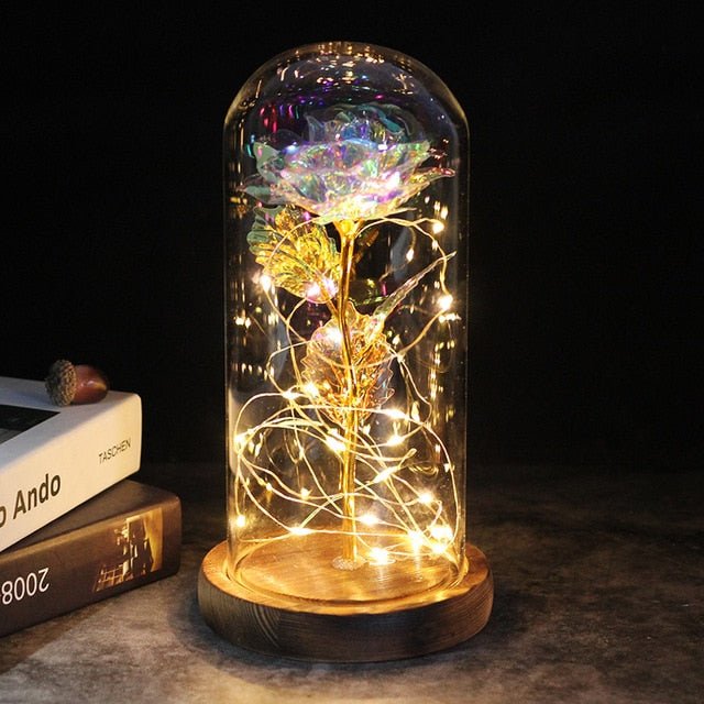 6-Colour "Beauty And The Beast" Red Rose In A Glass Dome On A Wooden Base For Valentine's Gifts - brown base bright image