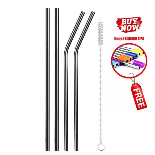 Colorful Reusable Stainless Steel Drinking Straw With Cleaning Brush - Black 4pcs image