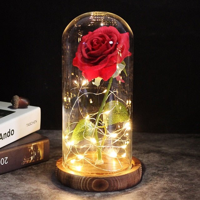 6-Colour "Beauty And The Beast" Red Rose In A Glass Dome On A Wooden Base For Valentine's Gifts - brown base red 2 image