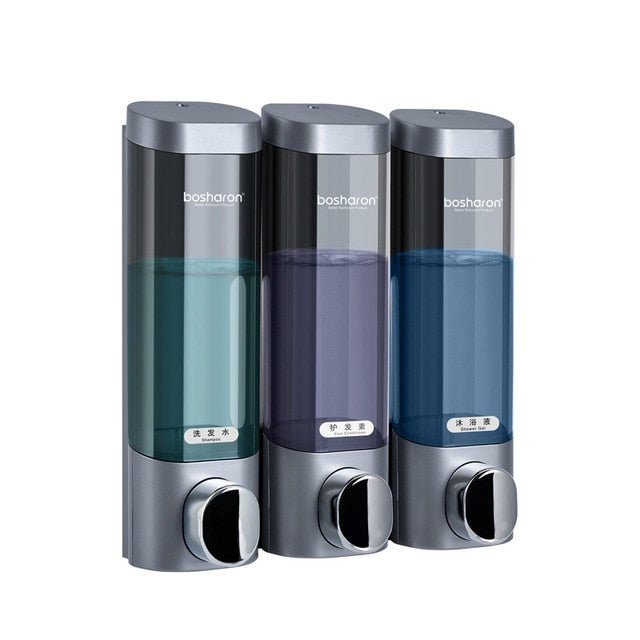 Liquid Soap Dispenser Wall Mount 300ml Bathroom Accessories Plastic Detergent Shampoo Dispensers Double Hand Kitchen Soap Bottle - Silver Gray three image