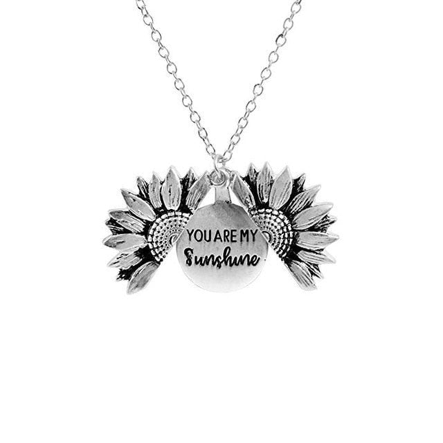 Bohemia Sunflower Double-layer Metal Pendant Necklace For Women With Letterings like "You are my Sunshine" - Silver image