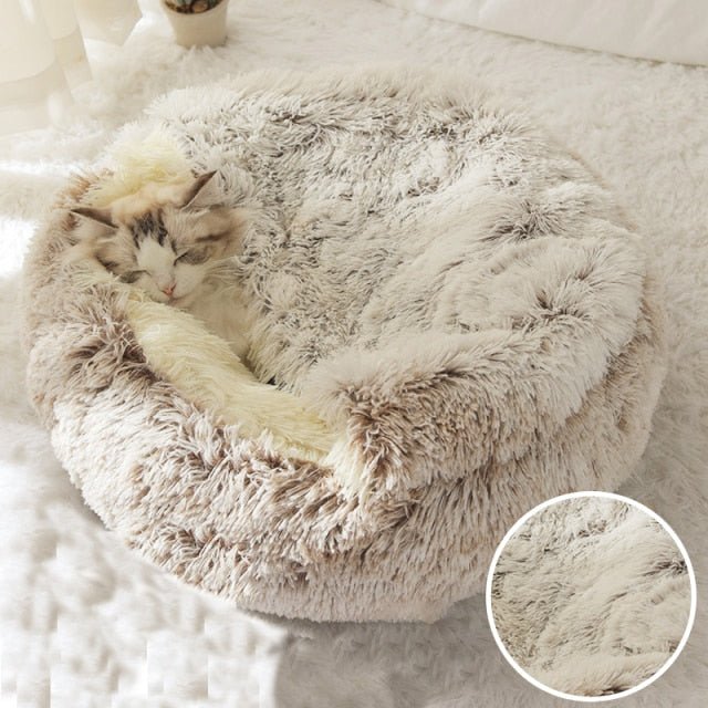 Winter Long Plush Pet Cat Bed Round Cat Cushion Cat House 2 In 1 Warm Cat Basket Cat Sleep Bag Cat Nest Kennel For Small Dog Cat - Coffee Long Plush, 60x60cm image