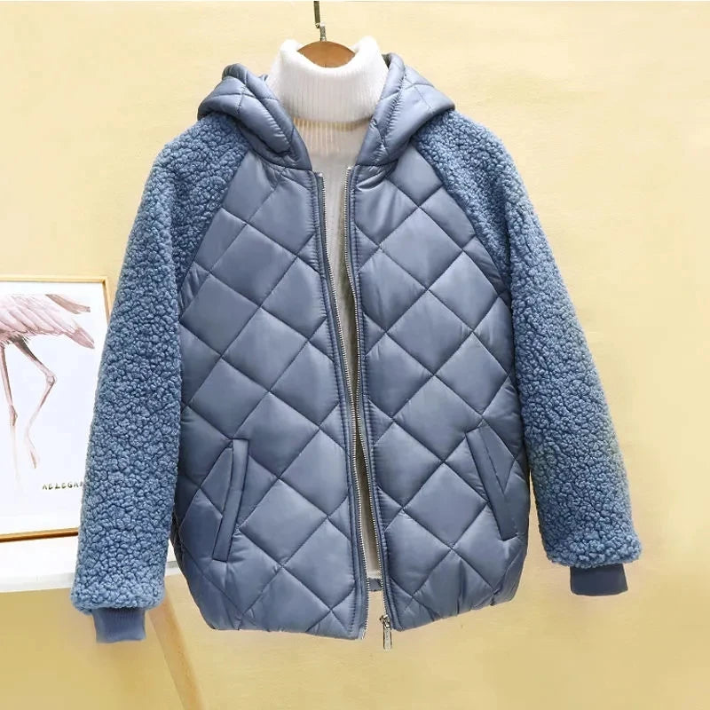 Thin Light Down Cotton Jacket Female Short Coat Autumn Winter Women's 2023 New Hooded Loose Lmitation Lamb Wool Cotton Jacket image 4