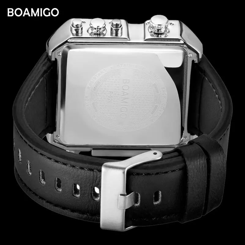 BOAMIGO brand Men sports watches 3 time zone LED Leather quartz wristwatches image 5