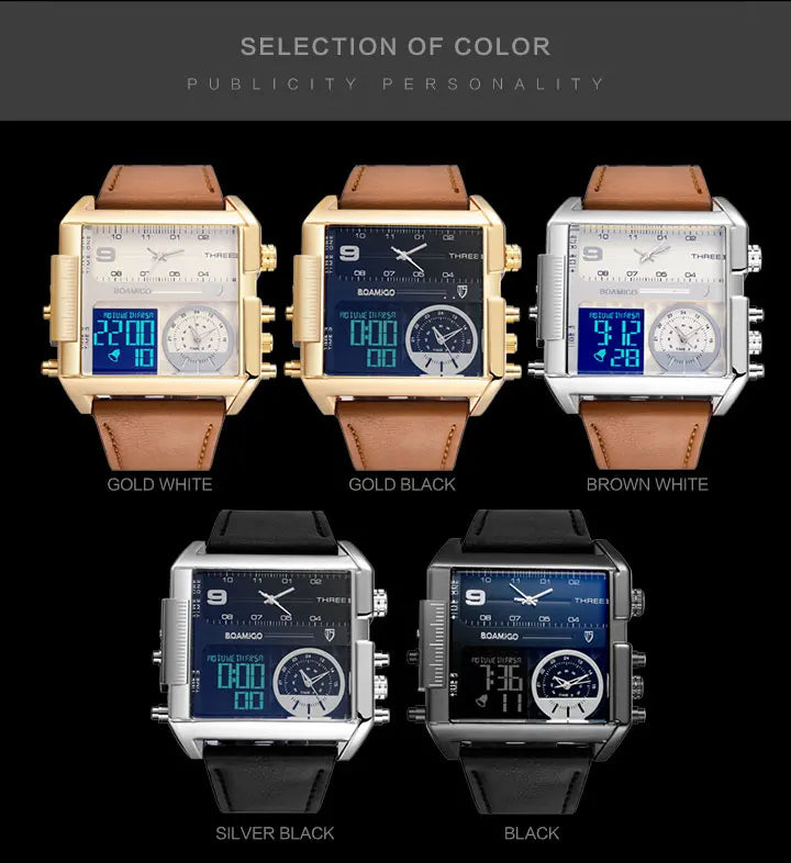 BOAMIGO brand Men sports watches 3 time zone LED Leather quartz wristwatches image 24