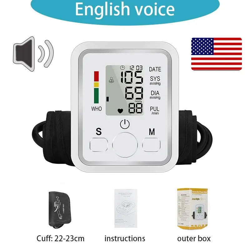 Digital Arm Blood Pressure Monitor ‚Äì Automatic Tensiometer & Heart Rate Pulse Meter - English voice image