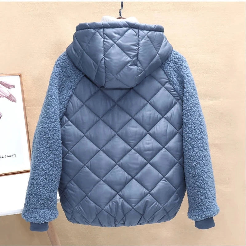 Thin Light Down Cotton Jacket Female Short Coat Autumn Winter Women's 2023 New Hooded Loose Lmitation Lamb Wool Cotton Jacket image 5