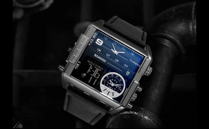 BOAMIGO brand Men sports watches 3 time zone LED Leather quartz wristwatches image 22