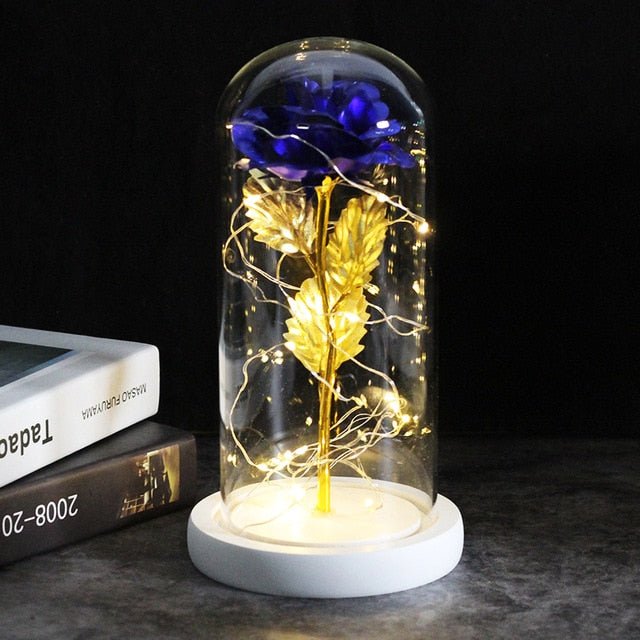 6-Colour "Beauty And The Beast" Red Rose In A Glass Dome On A Wooden Base For Valentine's Gifts - white base blue image