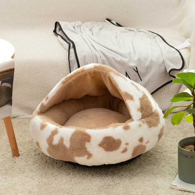 Winter Long Plush Pet Cat Bed Round Cat Cushion Cat House 2 In 1 Warm Cat Basket Cat Sleep Bag Cat Nest Kennel For Small Dog Cat - Spots Coffee, 60x60cm image