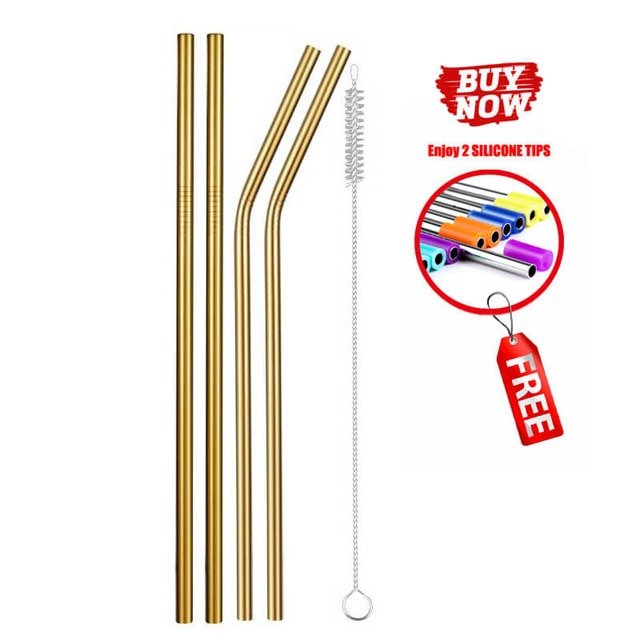 Colorful Reusable Stainless Steel Drinking Straw With Cleaning Brush - Gold 4pcs image