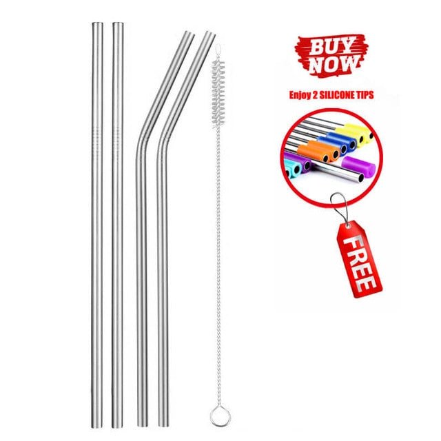 Colorful Reusable Stainless Steel Drinking Straw With Cleaning Brush - Sliver 4pcs image