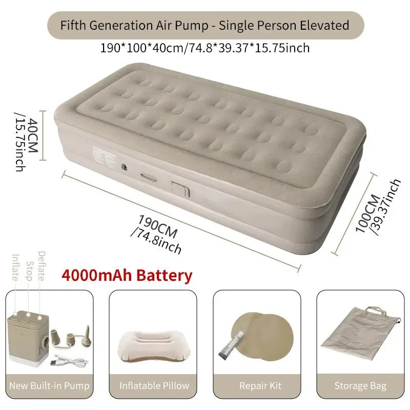 Luxury Inflatable Glamping Mattress – Thickened 2-Person PVC Camping Bed with Built-In Pump - 190x100x40cm-single image