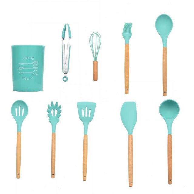Heat Resistant Non-Stick Silicone Kitchenware Cooking Utensils Set With Storage Box Tools - Mint GREEN 10PCS-A image