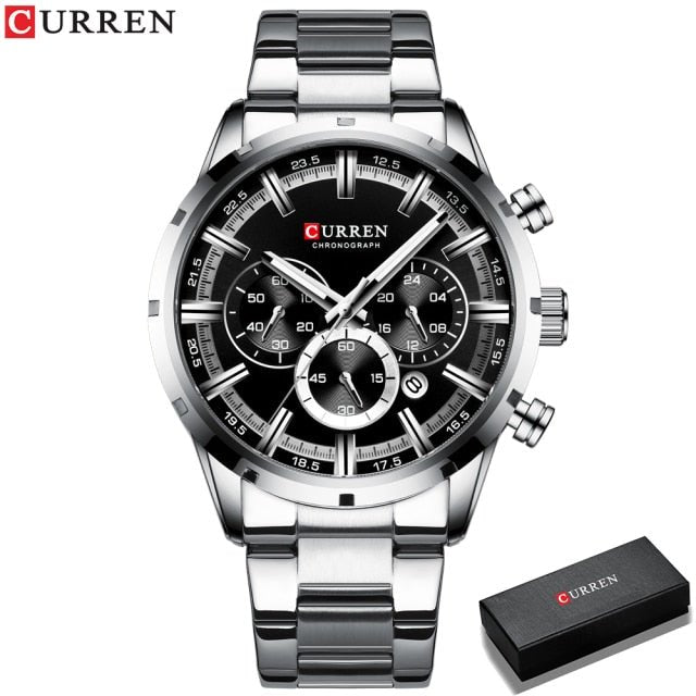 Mens Classy Watch Blue Dial Stainless Steel Band Date Mens Business Male Watches Waterproof Luxuries Men Wrist Watches for Men - Silver black box image