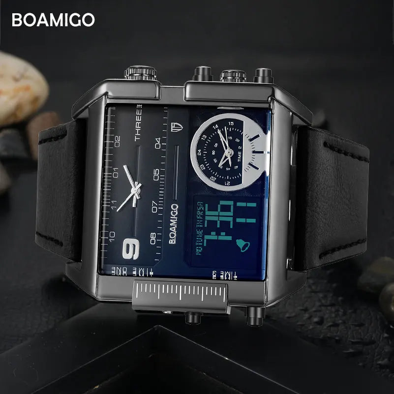 BOAMIGO brand Men sports watches 3 time zone LED Leather quartz wristwatches image 2
