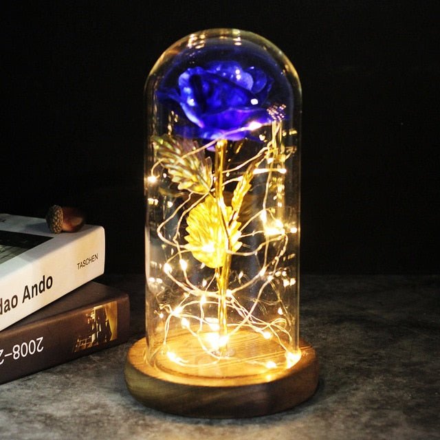 6-Colour "Beauty And The Beast" Red Rose In A Glass Dome On A Wooden Base For Valentine's Gifts - brown base blue image
