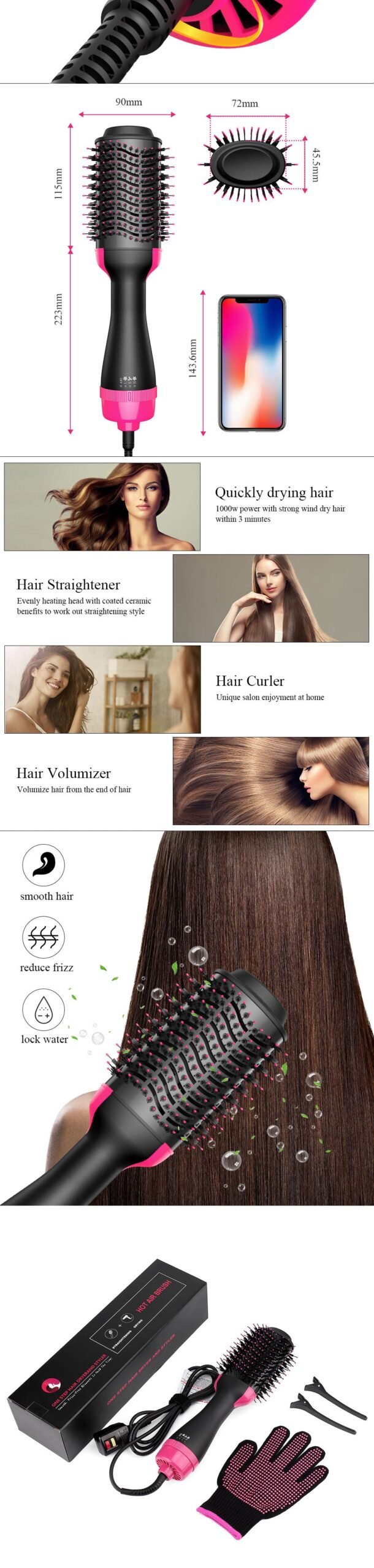 1000W Hair Dryer Hot Air Brush Styler and Volumizer Hair Straightener Curler Comb Roller One Step Electric Ion Blow Dryer Brush image 3