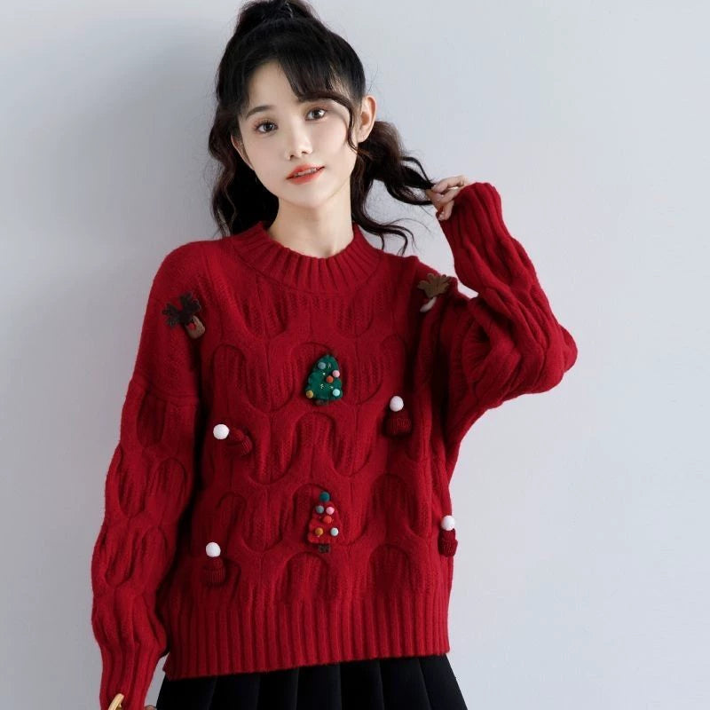 Cozy 3D Knit Long Sleeve Sweater – Winter Christmas Style for Students image