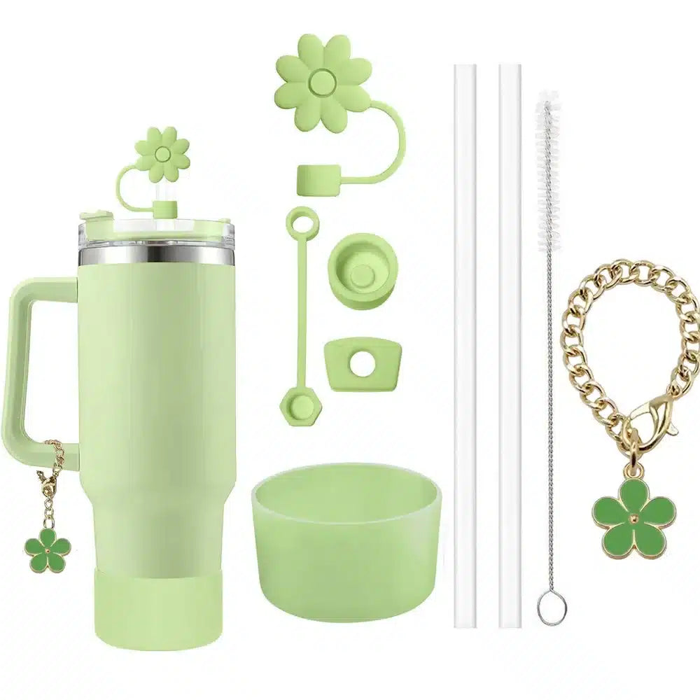 9-Piece Stanley Cup Accessories Set: Spill-Proof Stoppers, Straw Covers, & Flower Charm - green image