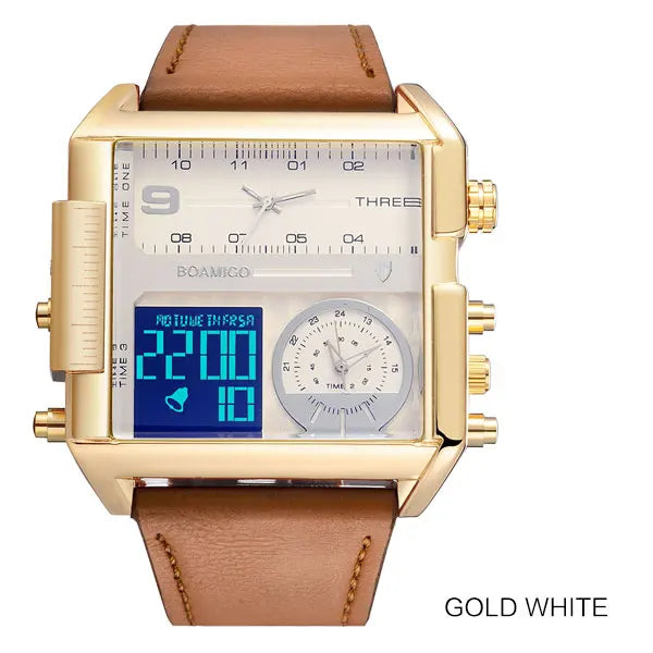 BOAMIGO brand Men sports watches 3 time zone LED Leather quartz wristwatches - new gold white image