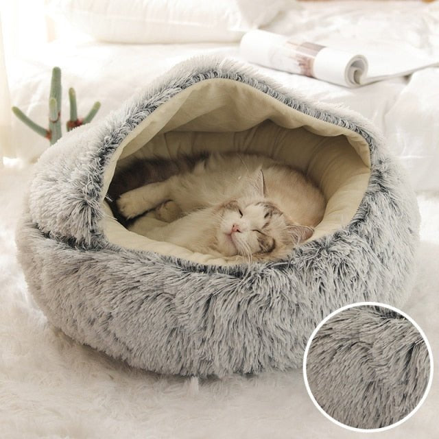 Winter Long Plush Pet Cat Bed Round Cat Cushion Cat House 2 In 1 Warm Cat Basket Cat Sleep Bag Cat Nest Kennel For Small Dog Cat - Gray, 40x40cm image