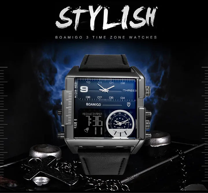 BOAMIGO brand Men sports watches 3 time zone LED Leather quartz wristwatches image 18