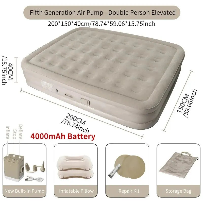 Luxury Inflatable Glamping Mattress – Thickened 2-Person PVC Camping Bed with Built-In Pump - 200x150x40cm-Double image