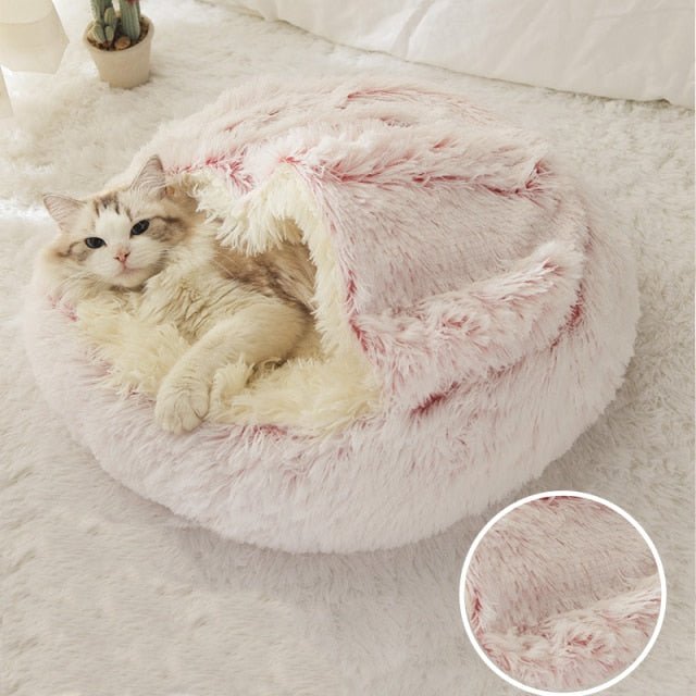 Winter Long Plush Pet Cat Bed Round Cat Cushion Cat House 2 In 1 Warm Cat Basket Cat Sleep Bag Cat Nest Kennel For Small Dog Cat - Pink Long Plush, 60x60cm image