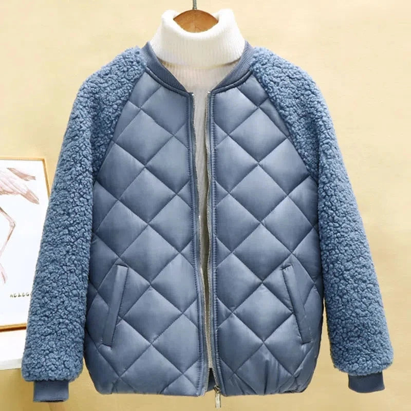 Thin Light Down Cotton Jacket for Women | Hooded Loose-fit Short Coat, Autumn/Winter - crew neck blue, XXL image