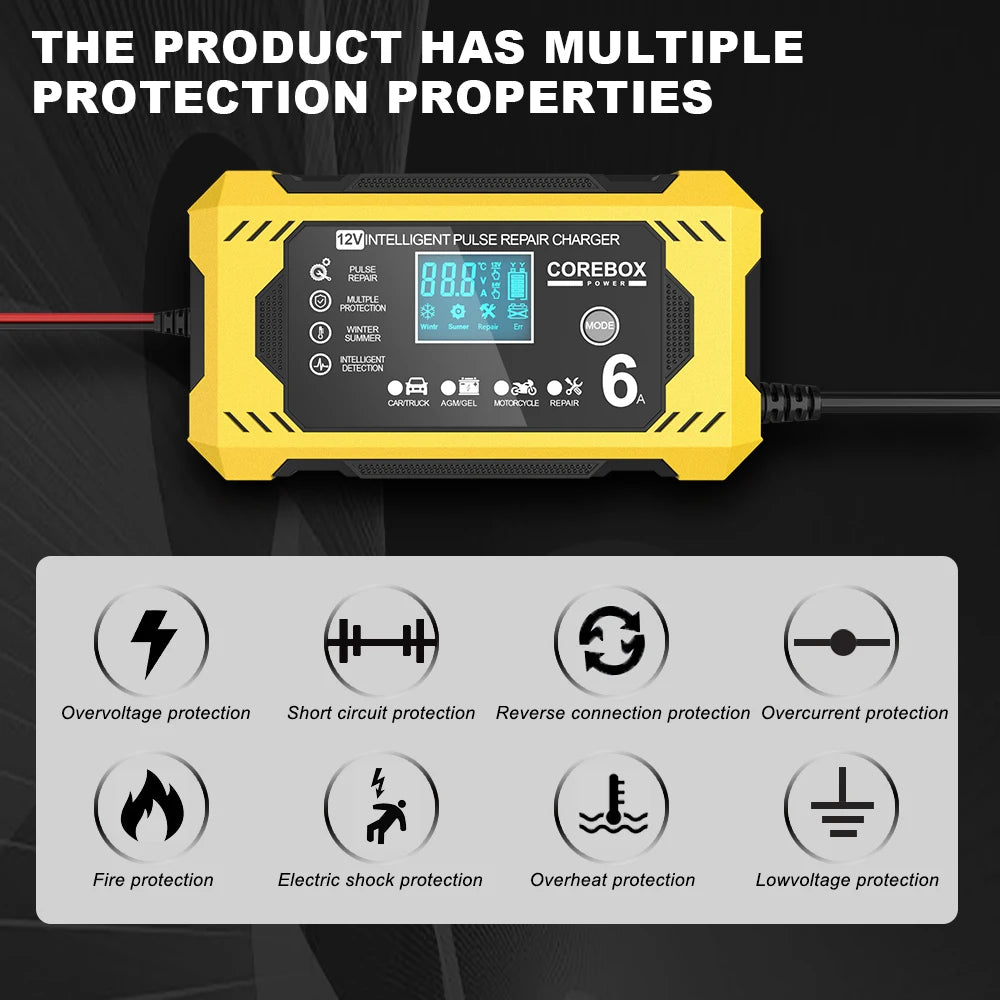 6A 12V Intelligent Automotive Battery Charger for Car & Motorcycle - Smart Lead-Acid Battery Maintenance image 12