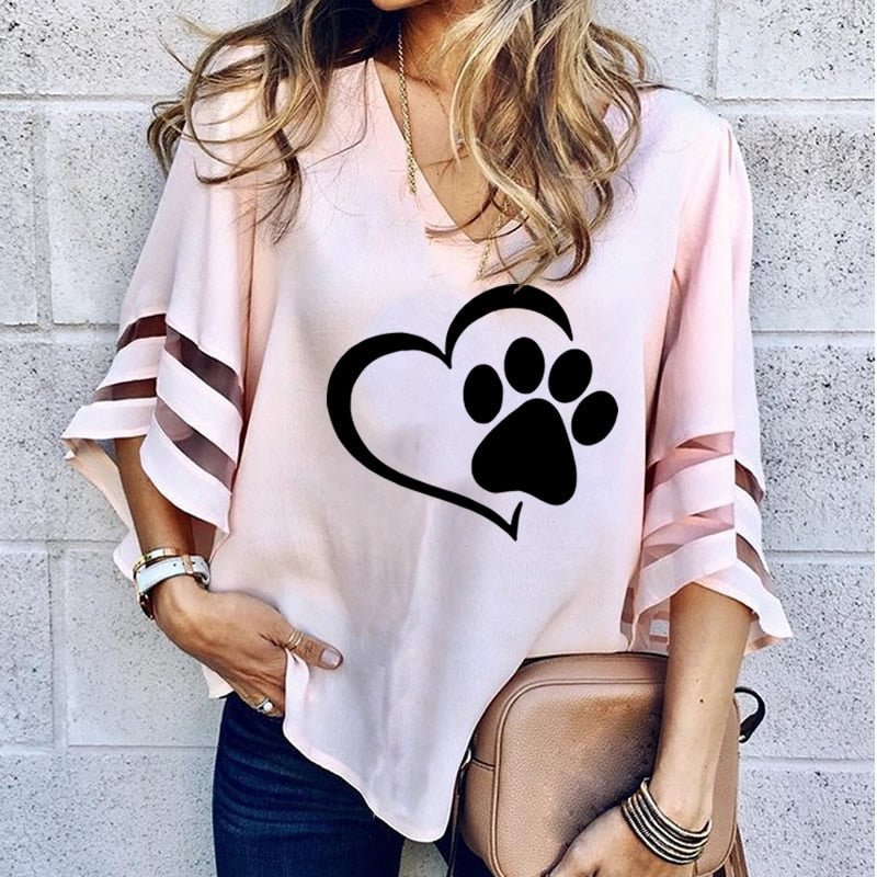 New Fashion Dog Paw Women V-Neck T Shirt image 0