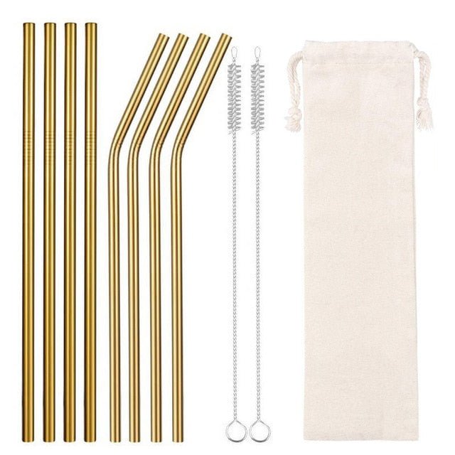 Colorful Reusable Stainless Steel Drinking Straw With Cleaning Brush - Gold1 8pcs image
