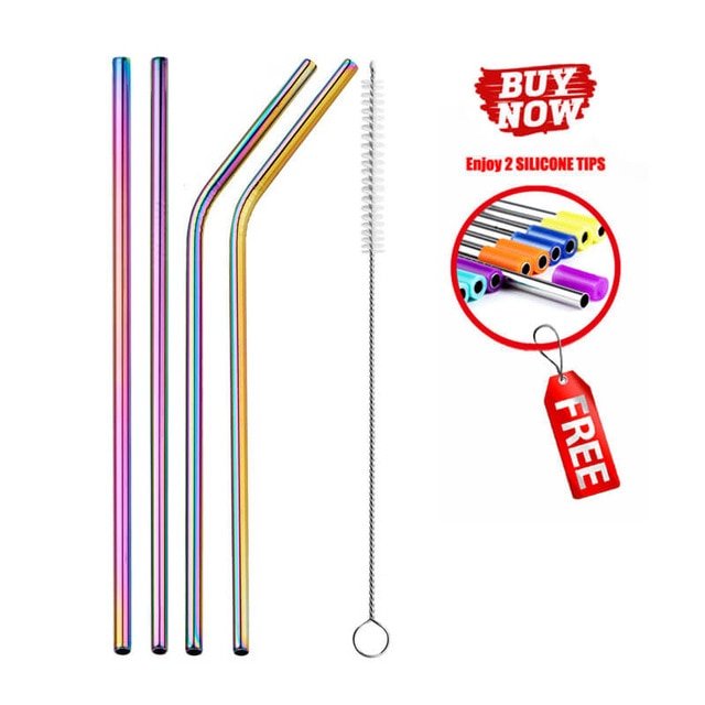 Colorful Reusable Stainless Steel Drinking Straw With Cleaning Brush - Rainbow 4pcs image