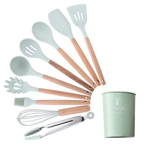 Heat Resistant Non-Stick Silicone Kitchenware Cooking Utensils Set With Storage Box Tools - GREEN 10PCSA image