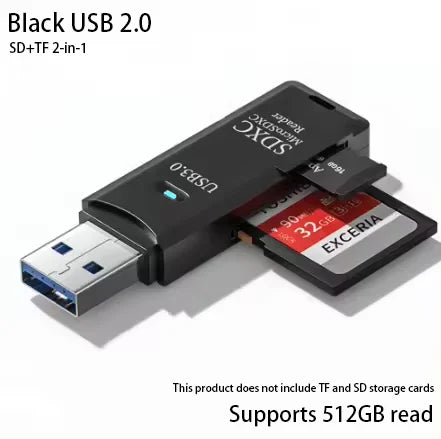 2-in-1 High-Speed USB 3.0/2.0 Card Reader ‚Äì Multi-Functional TF & SD Support for PC, Laptop, Tablet, and Car Use - Black2.0 image