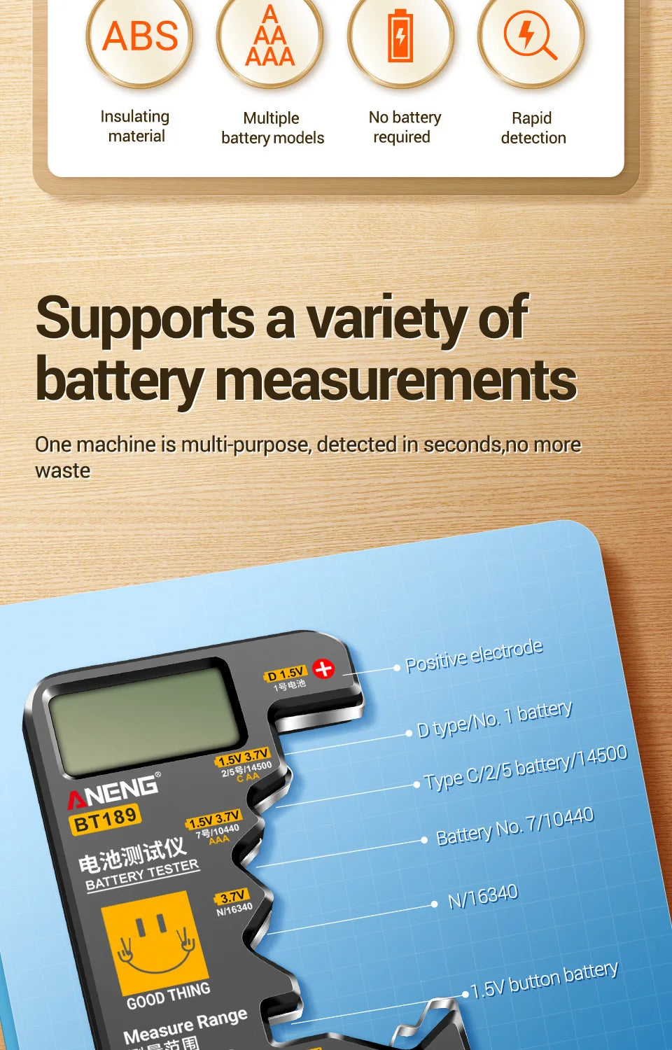ANENG BT189 Button Cell Battery Tester ‚Äì Universal LCD Display for 9V, AA, AAA, N, D Batteries & Power Bank Detectors image 8