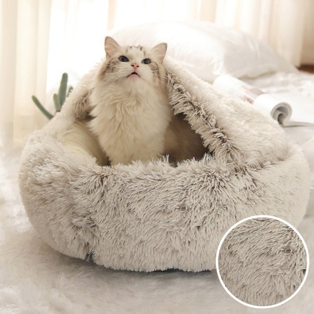 Winter Long Plush Pet Cat Bed Round Cat Cushion Cat House 2 In 1 Warm Cat Basket Cat Sleep Bag Cat Nest Kennel For Small Dog Cat - Coffee, 60x60cm image