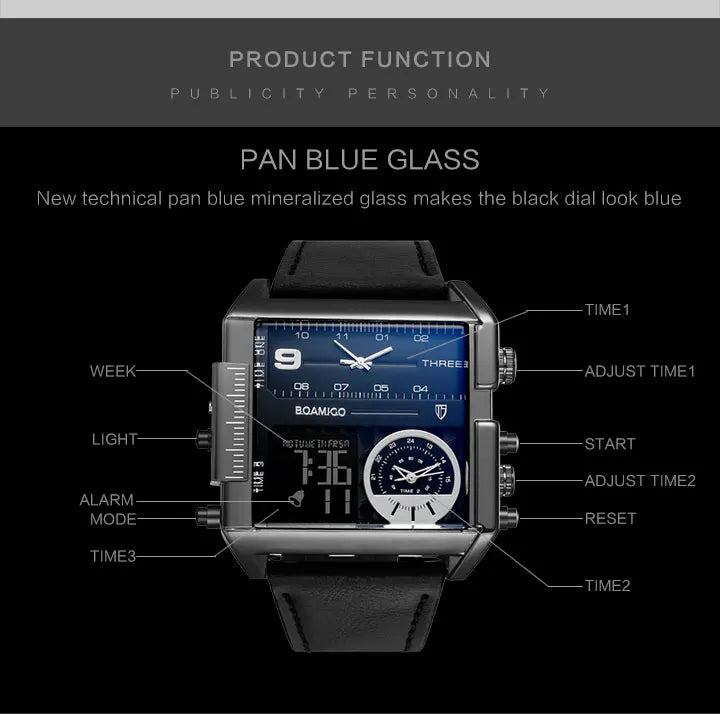 BOAMIGO brand Men sports watches 3 time zone LED Leather quartz wristwatches image 26