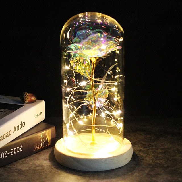 6-Colour "Beauty And The Beast" Red Rose In A Glass Dome On A Wooden Base For Valentine's Gifts - bright color image