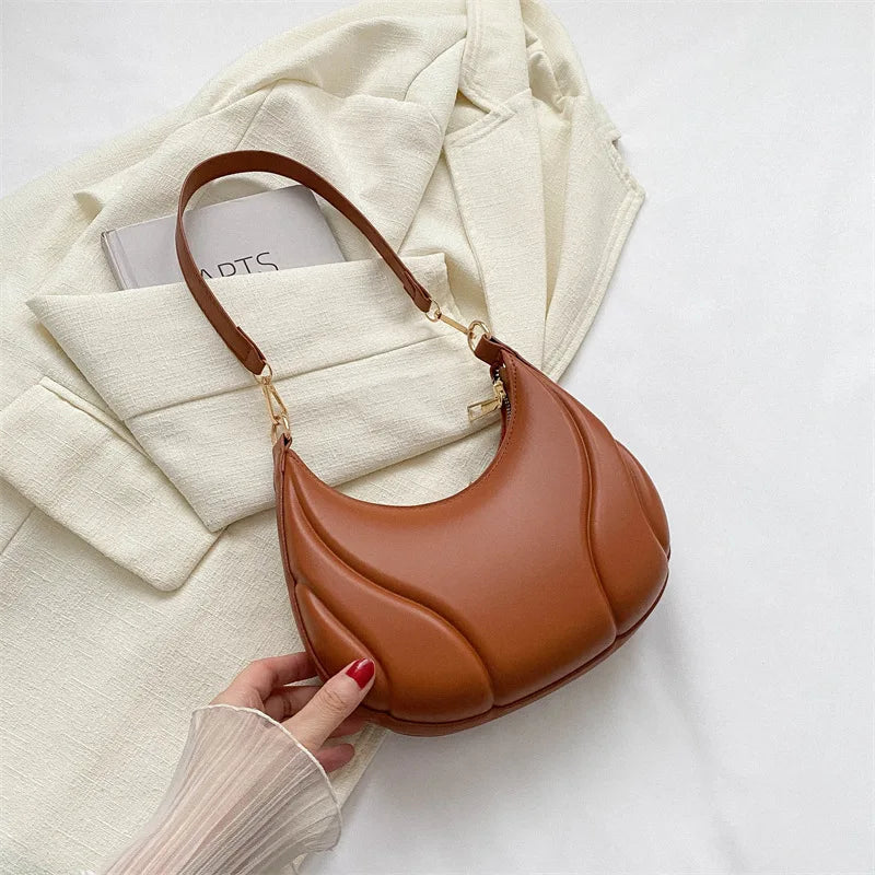 Retro Solid Color Shoulder Bag PU Leather Handbags for Women Simple Ladies Underarm Bag Designer Hobos Saddle Crescent Chic Bag - Brown image