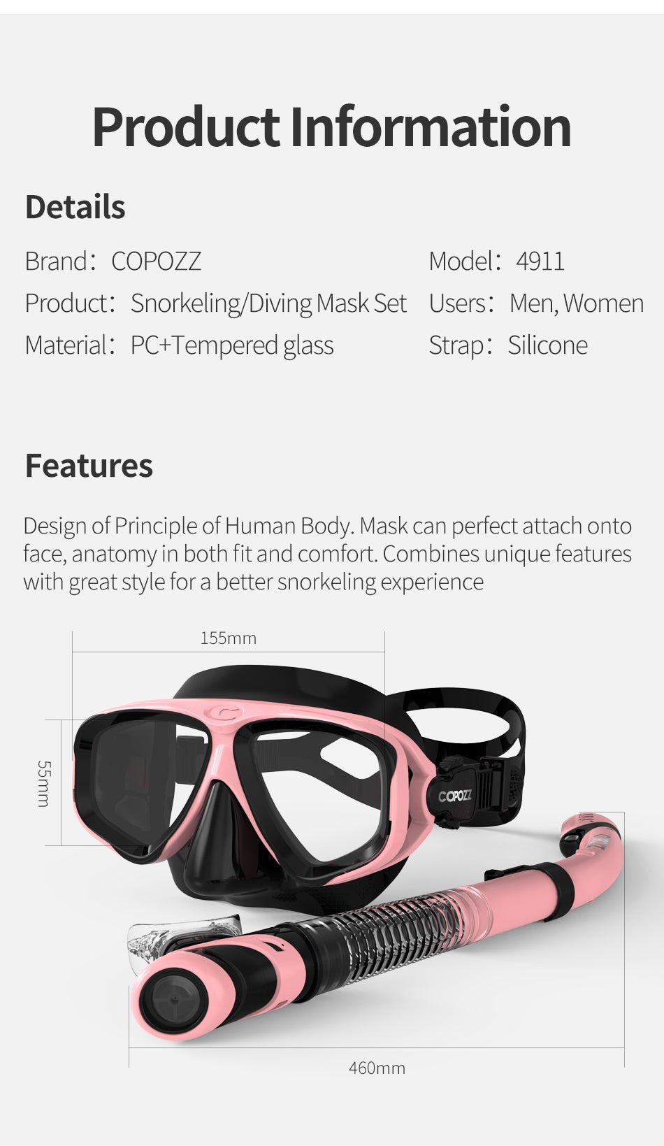 COPOZZ Scuba Diving Mask Set Anti Fog Goggles with Snorkel Glasses Tube Adjustable Strap for Women Men Adult Swimming Mask image 12