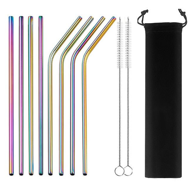 Colorful Reusable Stainless Steel Drinking Straw With Cleaning Brush - Rainbow2 8pcs image