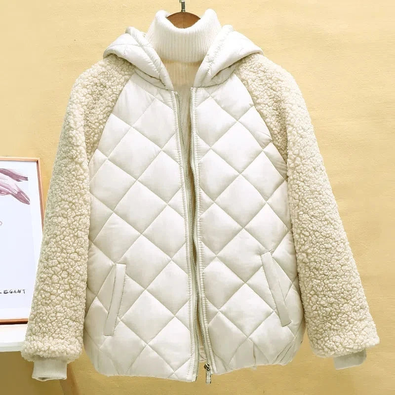 Thin Light Down Cotton Jacket Female Short Coat Autumn Winter Women's 2023 New Hooded Loose Lmitation Lamb Wool Cotton Jacket image 6