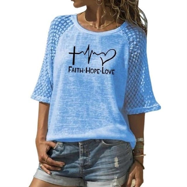 New "Faith, Hope and Love" Letters Print T-Shirt For Women - Blue, 4XL image