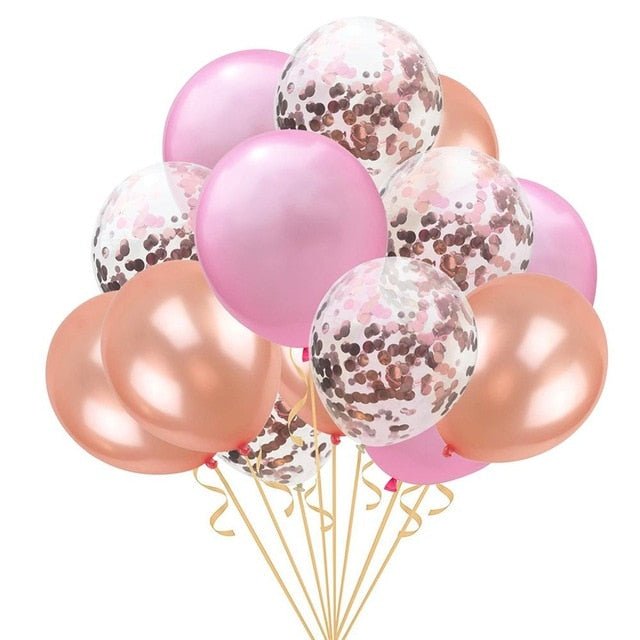 15pcs Rose Gold Confetti Chrome Set Birthday Wedding Anniversary Balloons image