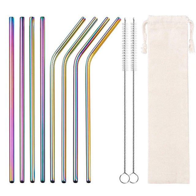 Colorful Reusable Stainless Steel Drinking Straw With Cleaning Brush - Rainbow1 8pcs image
