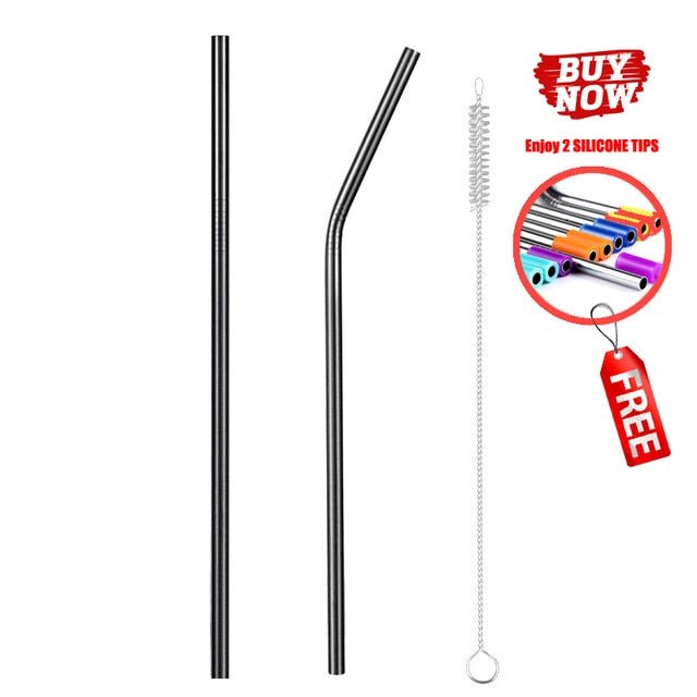 Colorful Reusable Stainless Steel Drinking Straw With Cleaning Brush - Black 2pcs image