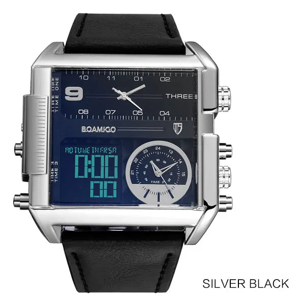 BOAMIGO brand Men sports watches 3 time zone LED Leather quartz wristwatches image 0