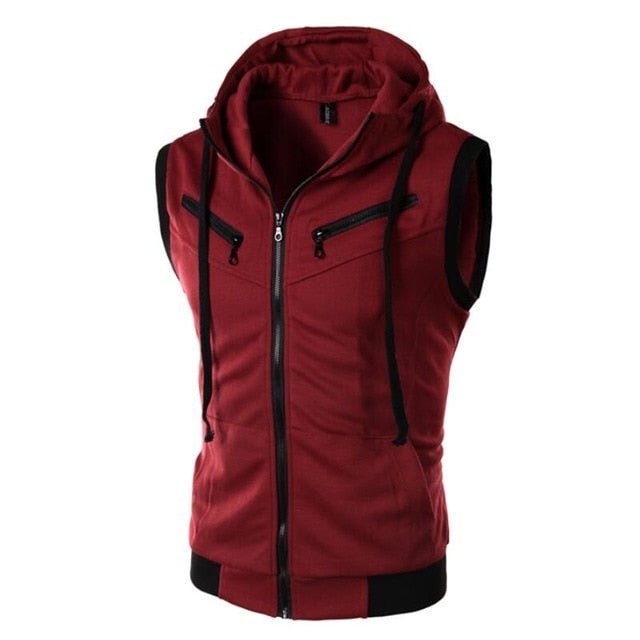 Men Hooded Sleeveless Waistcoat - Wine Red Vest, XL image